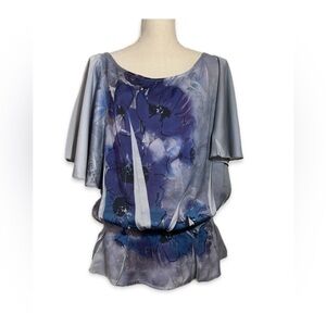 Nue Options Peplum Gray & Blue Flutter Sleeve Blouse Size Large